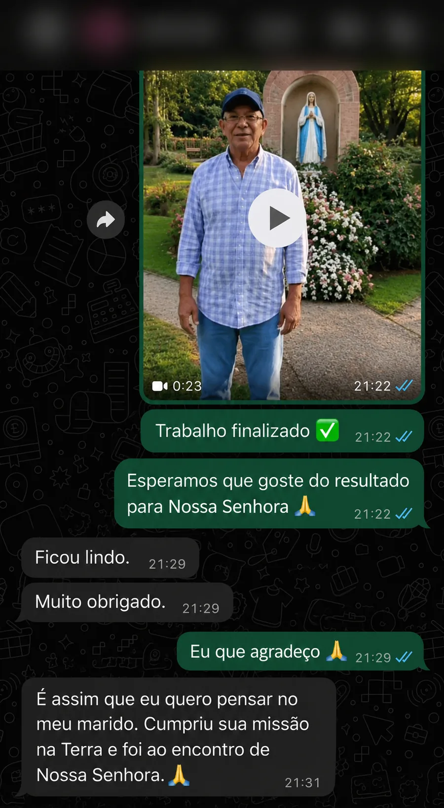 Print de WhatsApp: filho emocionado com a homenagem do pai